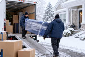Winter moving day in a snowy neighborhood