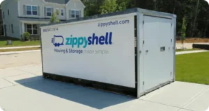 Zippy Shell portable moving and storage container parked on a residential driveway